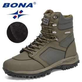 BONA 2022 New DesignersAction Leather Winter Ankle Boots Men Tactical Plush Anti-Skidding Classical Footwear Man Hiking Boots (Color: Army green S gray, size: 8)