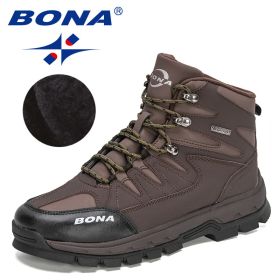 BONA 2022 New Designers Brand Winter Snow Boots Men Warm Plush High Top Boots MAction Leather Ankle Boots Man Outdoor Footwear (Color: Dark brown, size: 9)